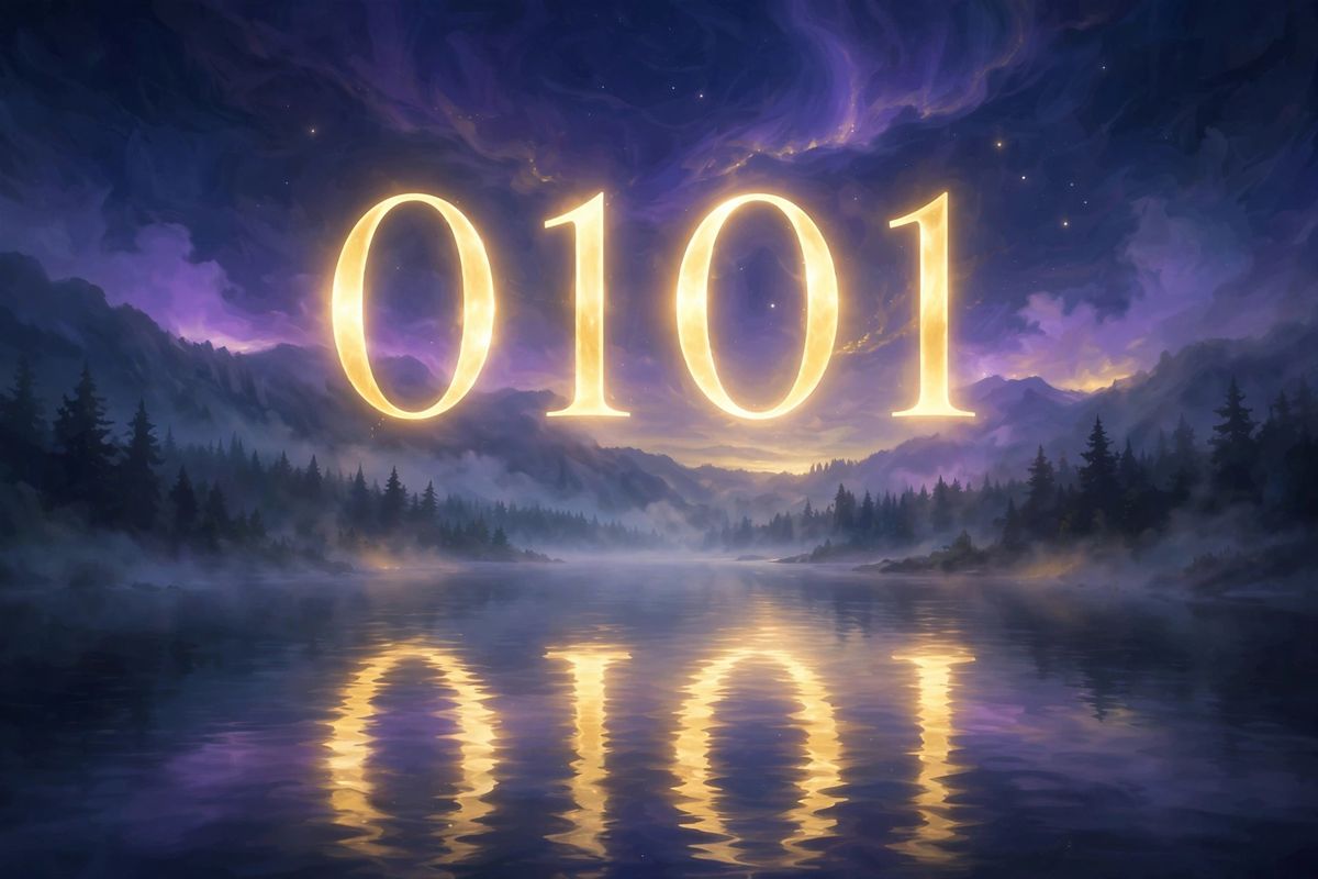 Angel number 0101 in golden light — 0101 is often read as a sign of new beginnings and trusting your own thoughts.