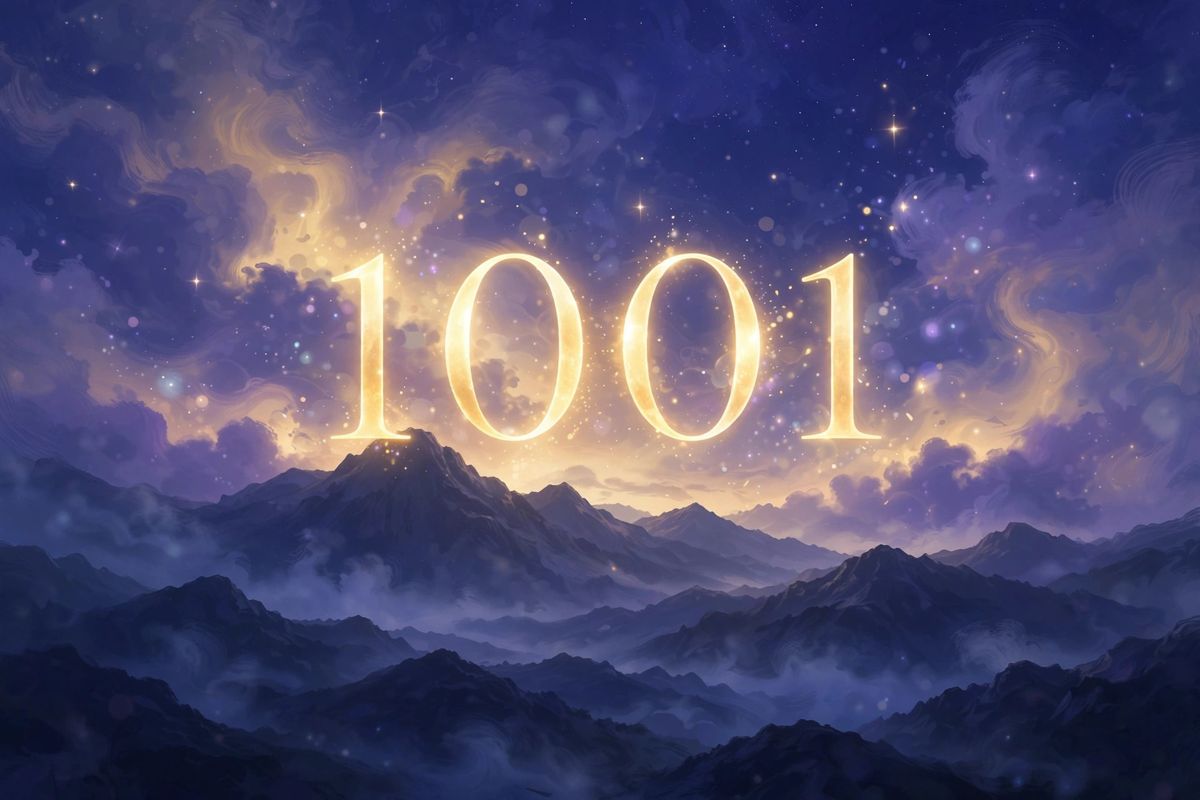 Angel number 1001 in golden light — 1001 is often read as a sign of a fresh start and keeping your thoughts positive.