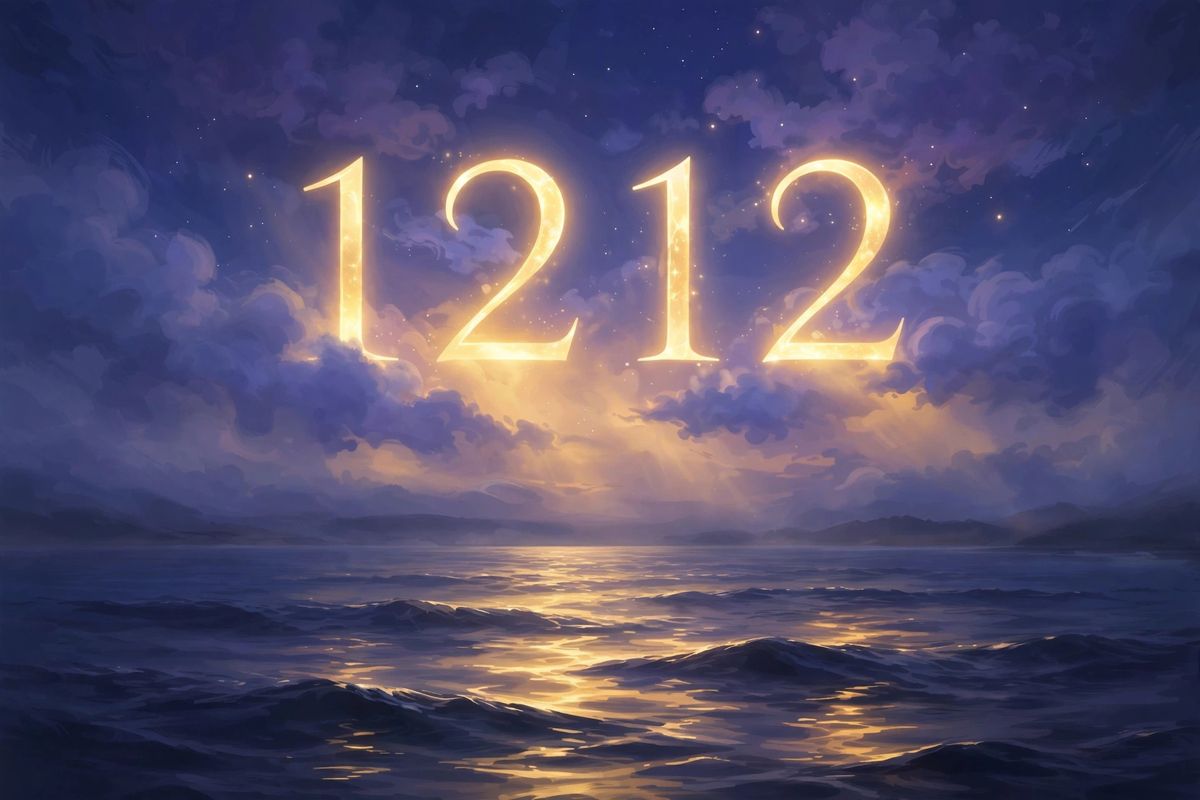 Angel number 1212 in golden light — 1212 is often read as a sign of growth, harmony, and doors opening in your favour.