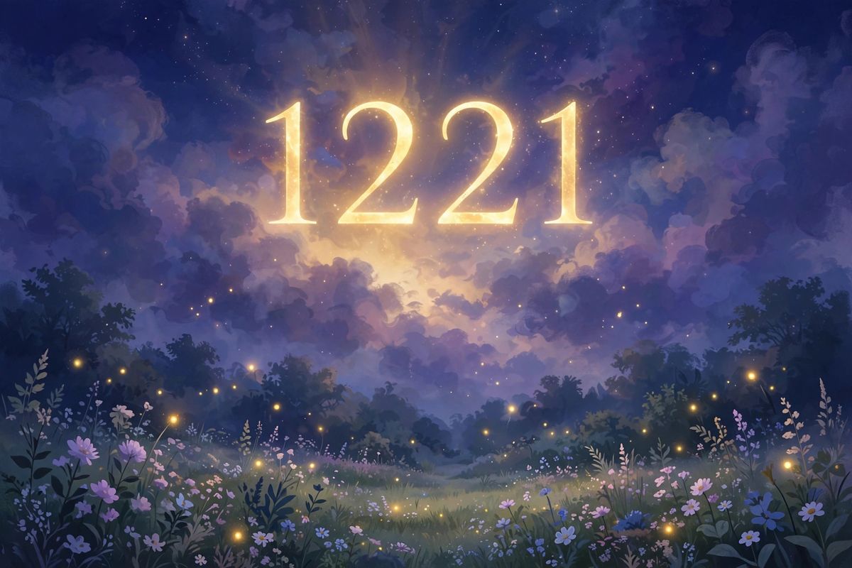 Angel number 1221 in golden light β 1221 is often read as a sign of balance, faith, and keeping your thoughts steady.