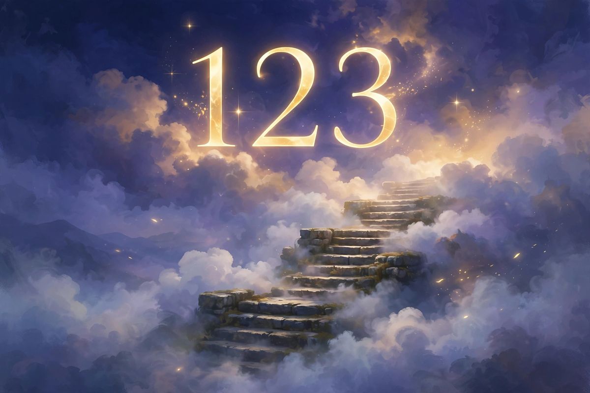 Angel number 123 in golden light — 123 is often read as a sign of steady progress, one step at a time.