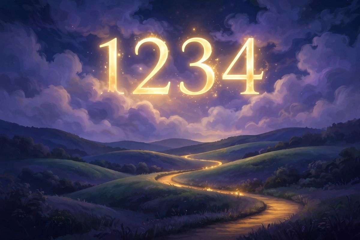 Angel number 1234 in golden light — 1234 is often read as a sign of simple steps, steady progress, and clearing the clutter.