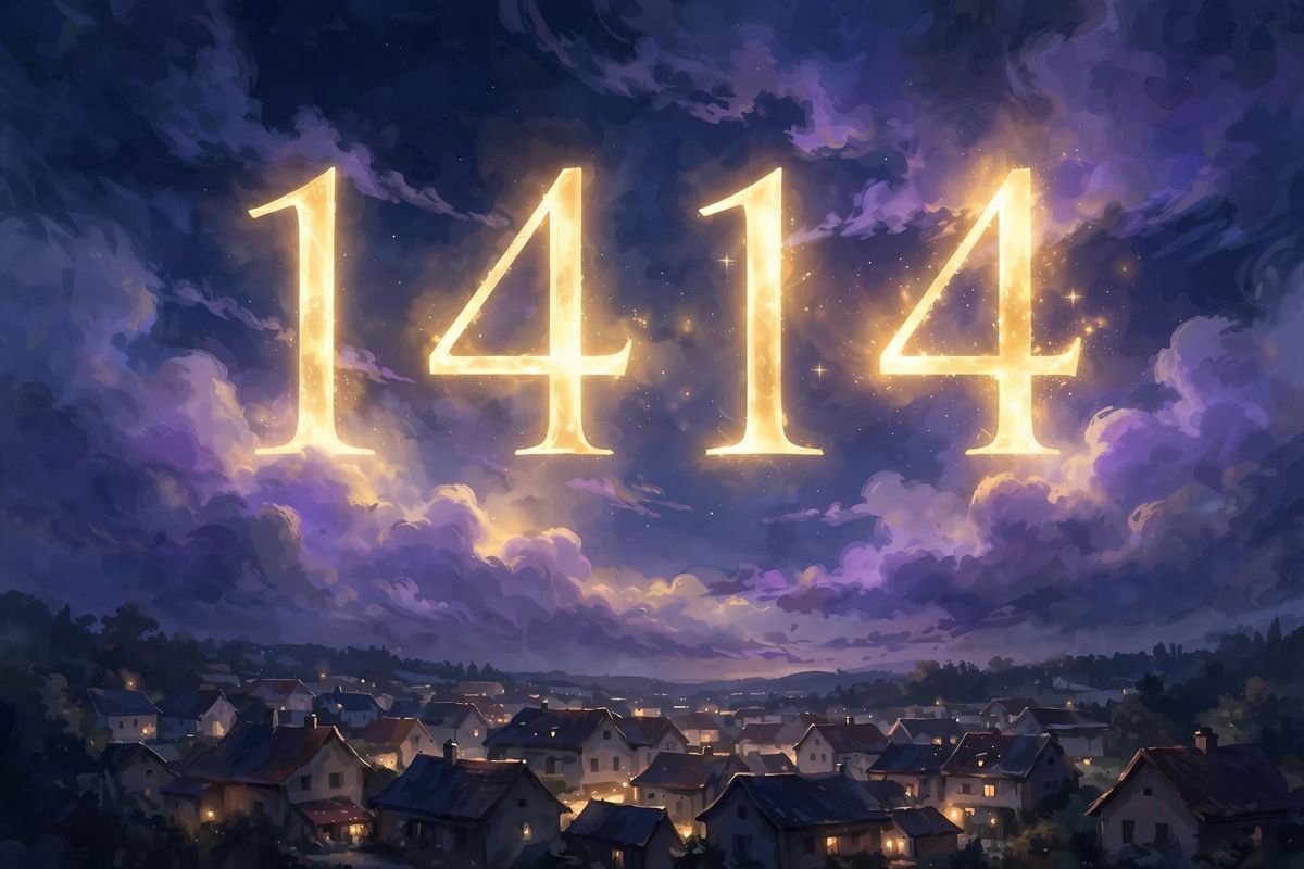 Angel number 1414 in golden light — 1414 is often read as a sign of building strong foundations and staying focused.