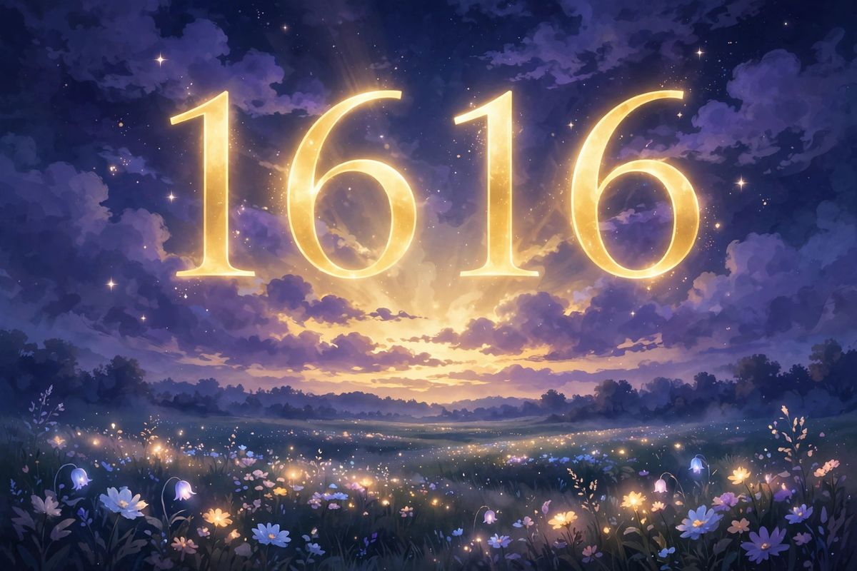 Angel number 1616 in golden light — 1616 is often read as a sign of care for home and family, and letting go of worry.