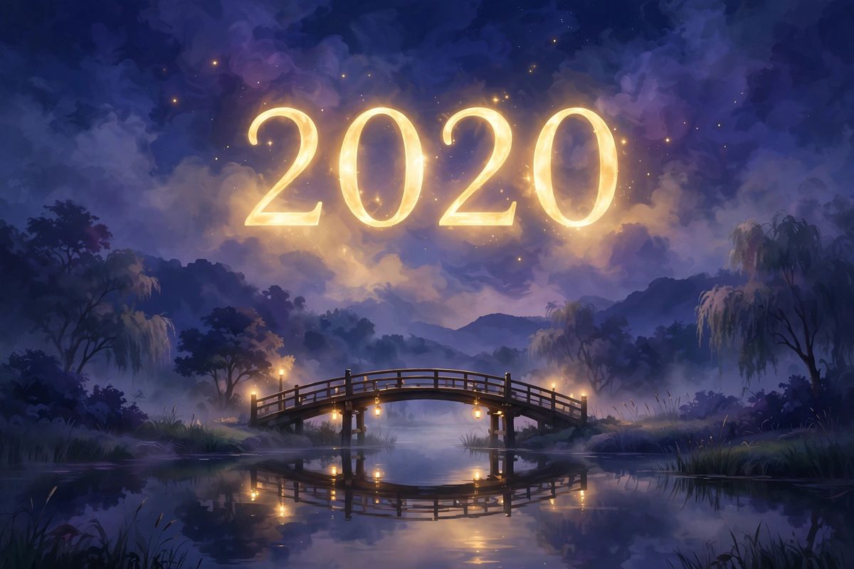 Angel number 2020 in golden light — 2020 is often read as a sign of patience, balance, and trusting the timing.
