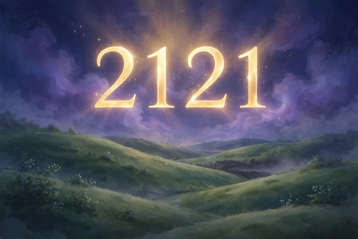 Angel number 2121 in golden light — 2121 is often read as a sign of harmony, fresh starts, and keeping your thoughts positive.