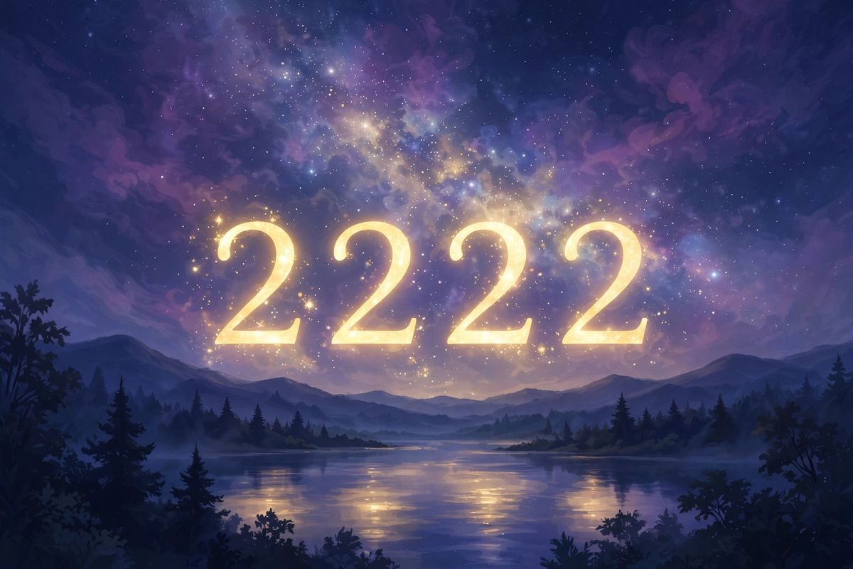 Angel number 2222 in golden light — 2222 is often read as a sign of deep balance, faith, and everything settling into place.