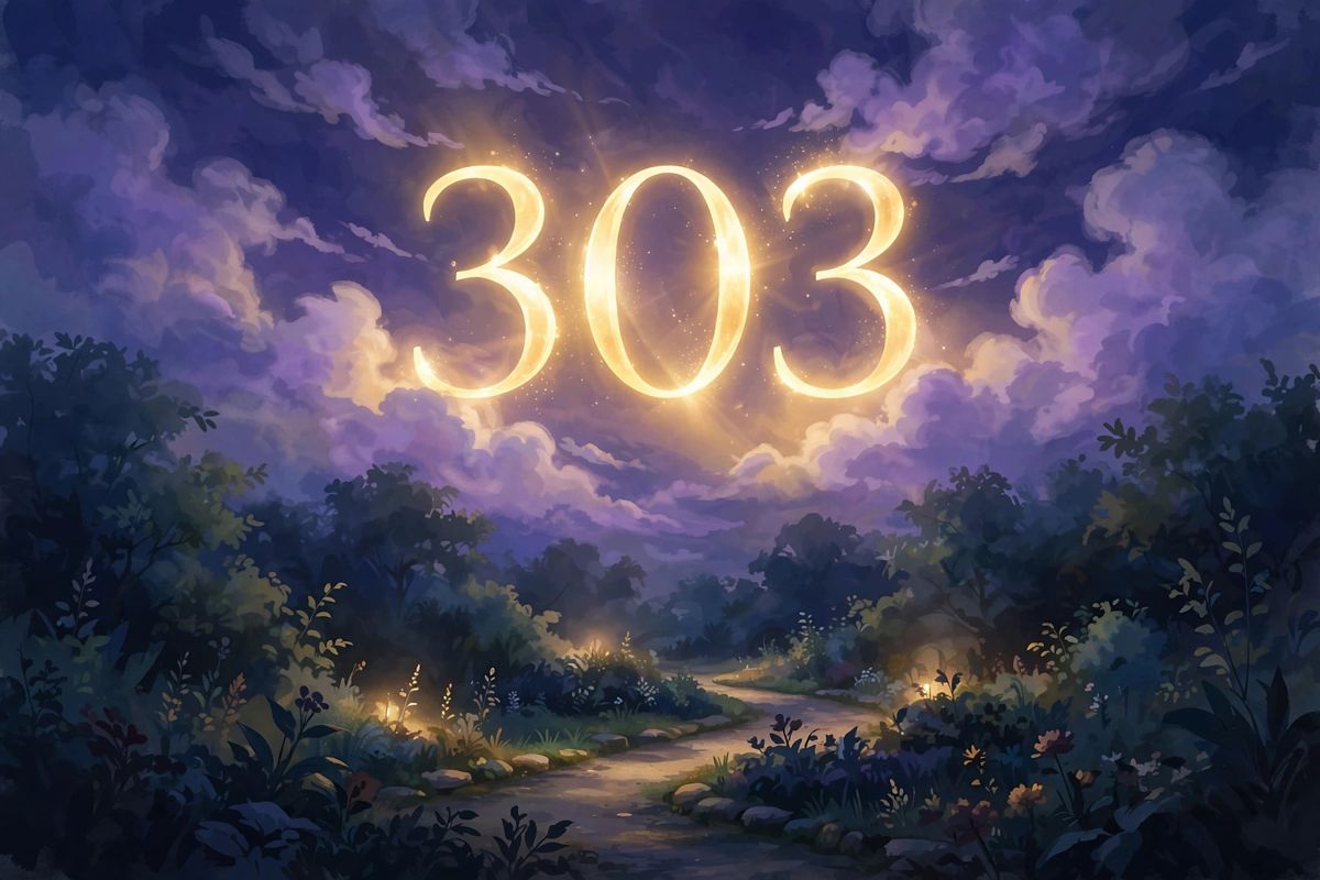 Angel number 303 in golden light — 303 is often read as a sign of creativity, joy, and support around you.