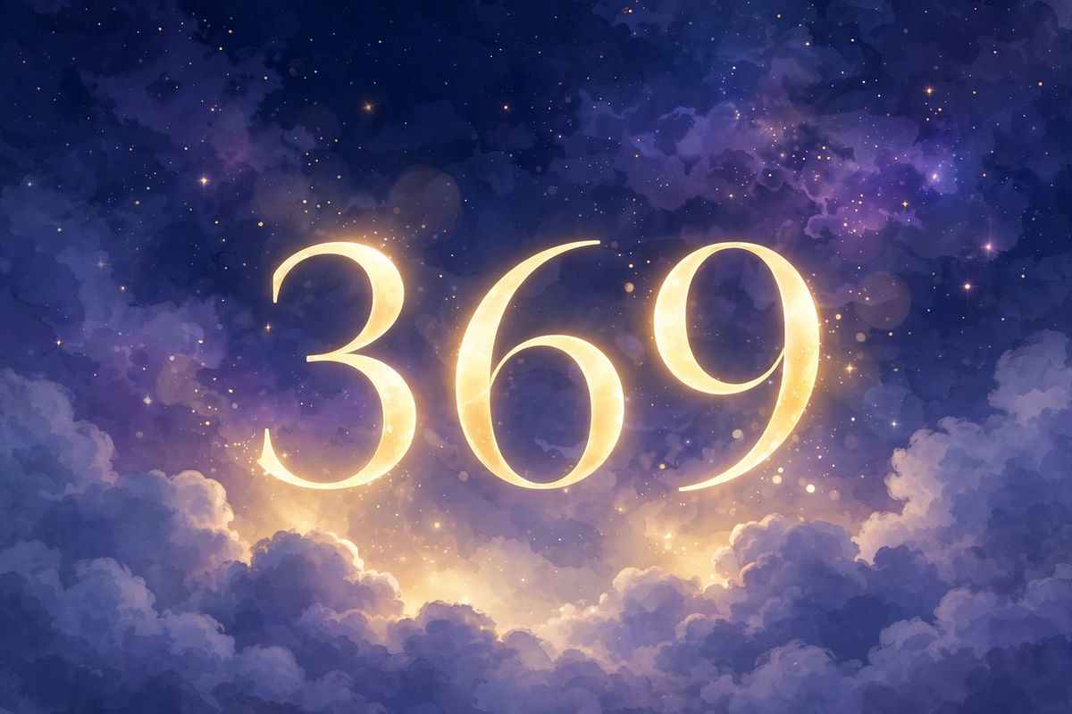 Angel number 369 in golden light — 369 is often read as the full cycle of creating, caring, and letting go, and as the number behind the 369 manifestation method.