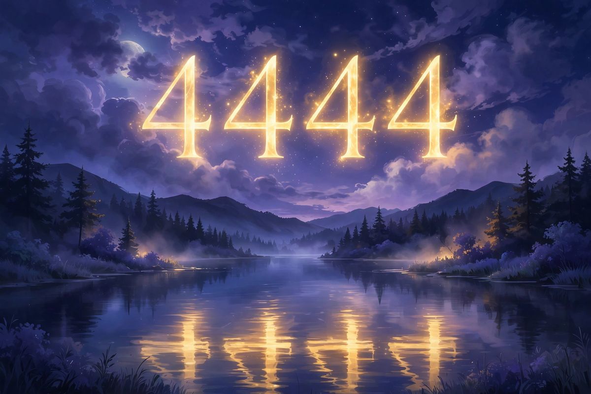 Angel number 4444 in golden light — 4444 is often read as a sign of strong protection, focus, and foundations that hold.