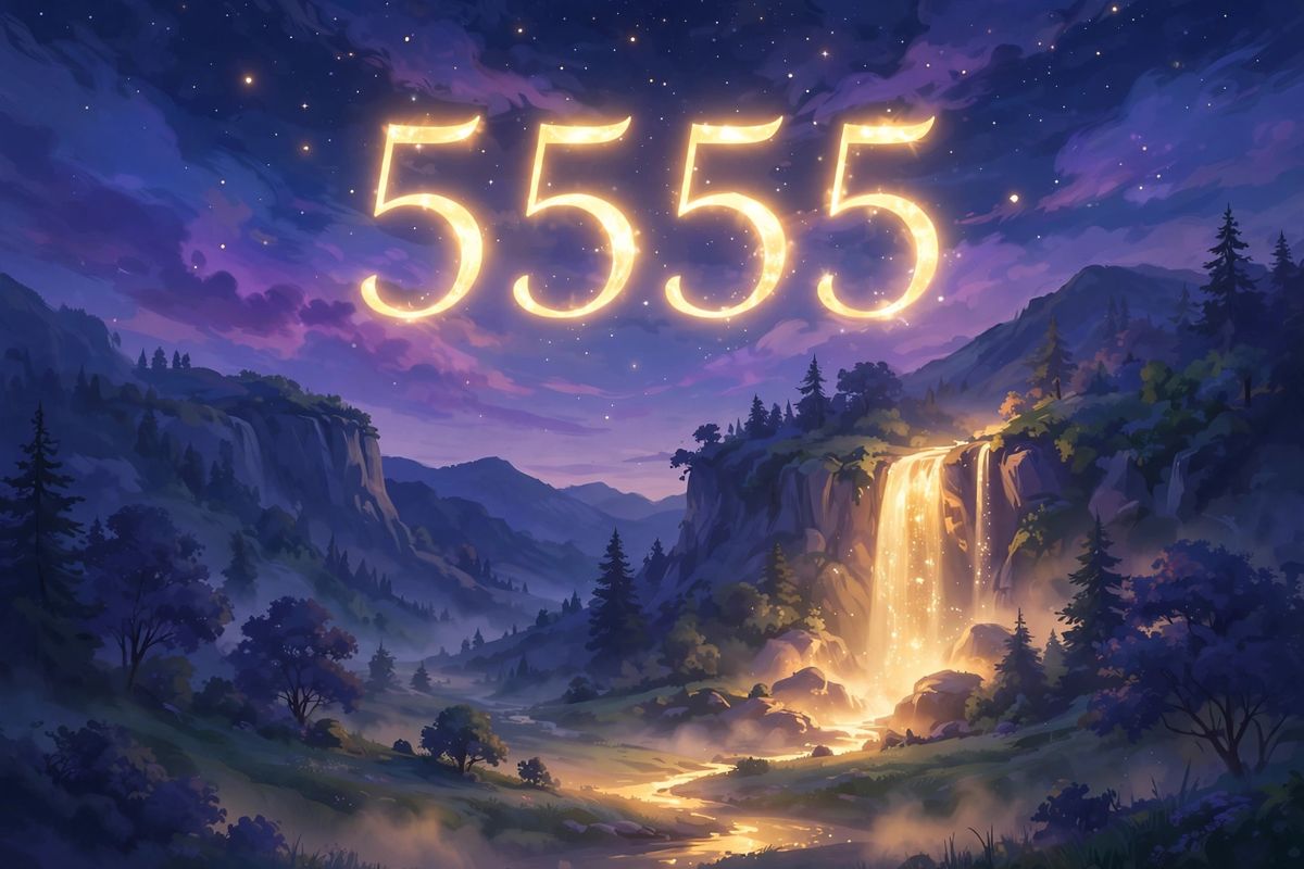 Angel number 5555 in golden light — 5555 is often read as a sign of major change and a whole new chapter starting.