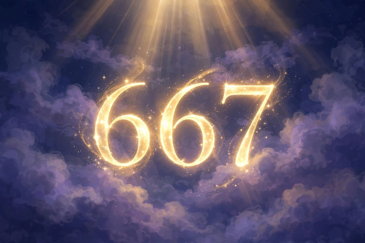 Angel number 667 in golden light — 667 is often read as a sign of balance, rest, and caring for your home and yourself.
