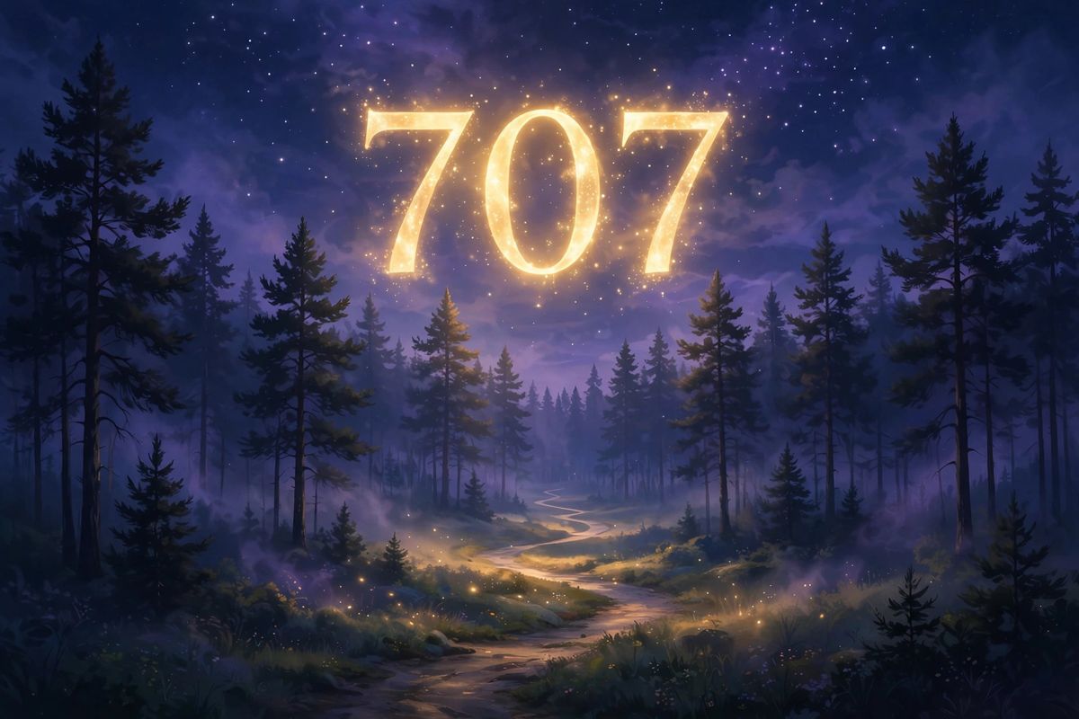 Angel number 707 in golden light — 707 is often read as a sign of reflection, rest, and quiet inner growth.