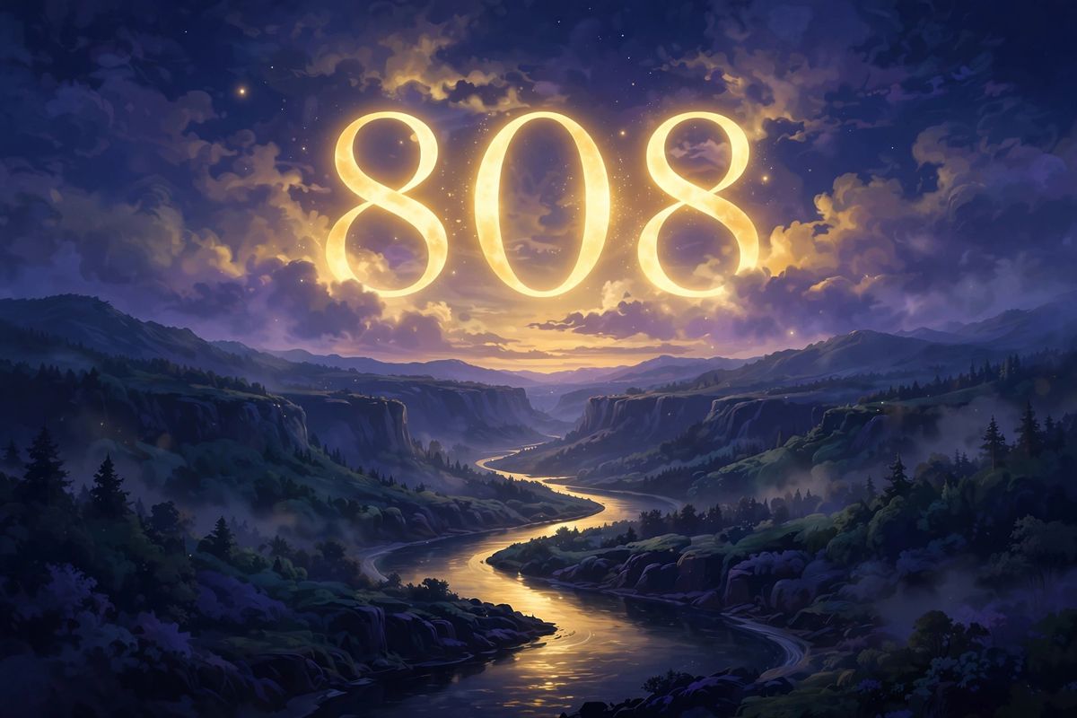 Angel number 808 in golden light — 808 is often read as a sign of flow, abundance, and energy moving in cycles.
