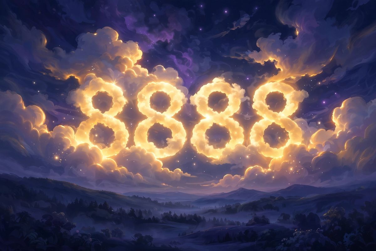Angel number 8888 in golden light — 8888 is often read as a sign of great abundance and a powerful cycle of reward.