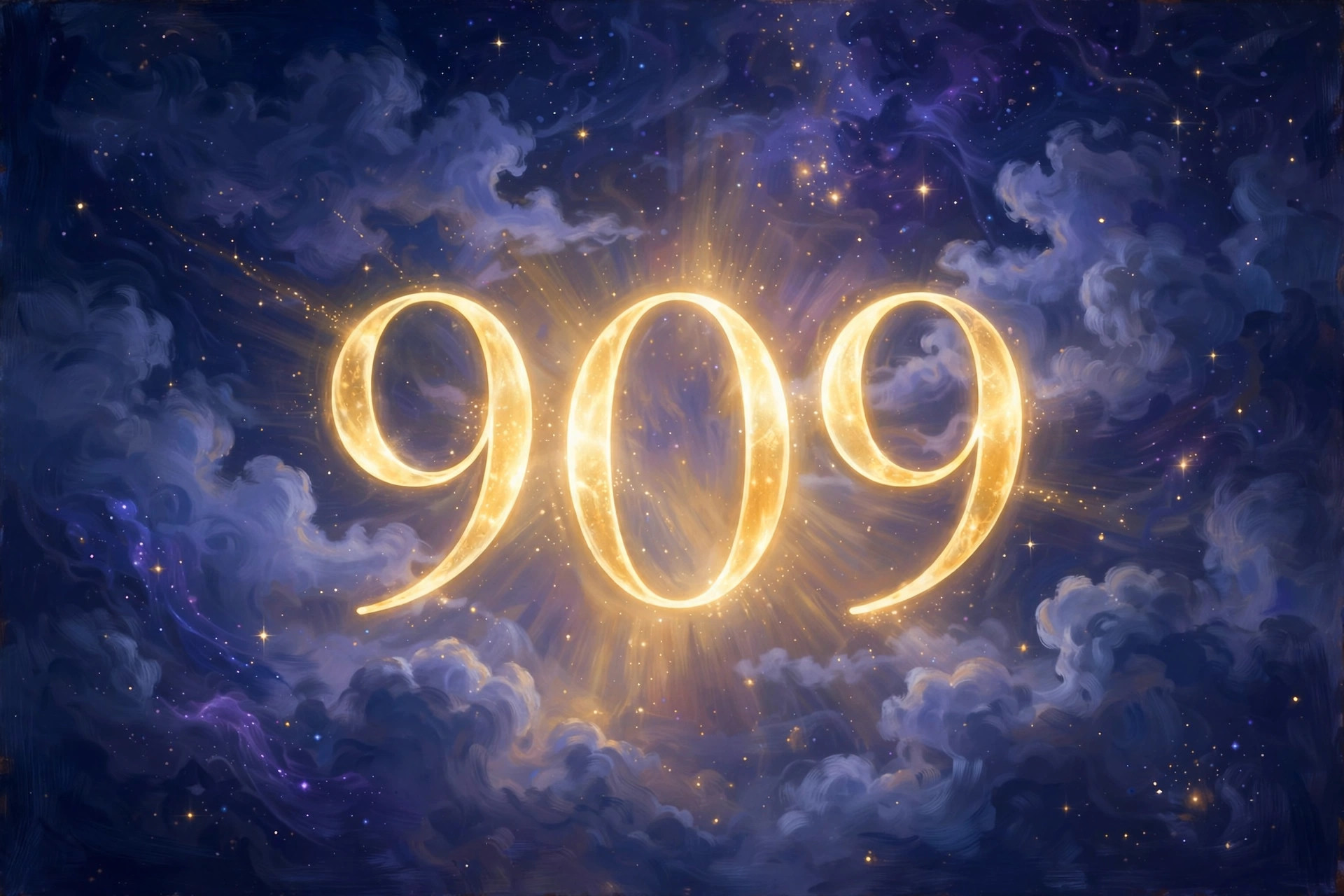Angel number 909 in golden light — 909 is often read as a chapter closing with grace so a truer one can open.