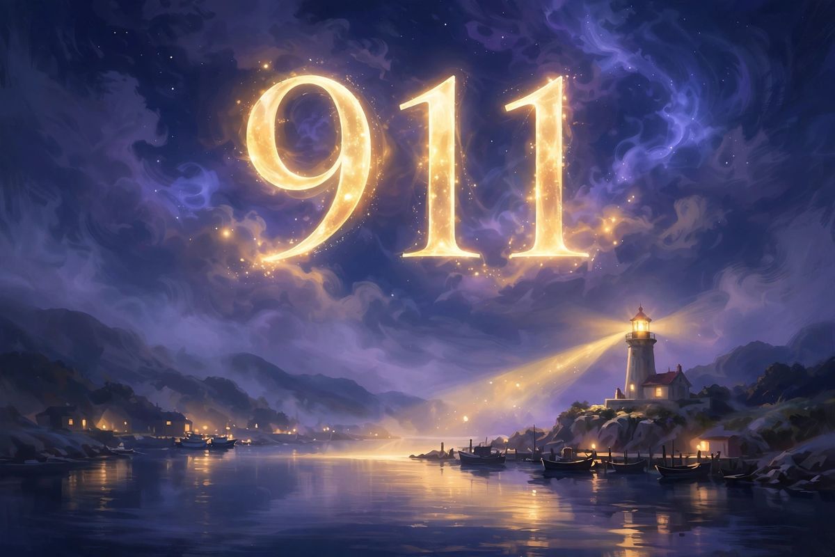 Angel number 911 in golden light — 911 is often read as a sign of a wake-up call, new purpose, and helping others.