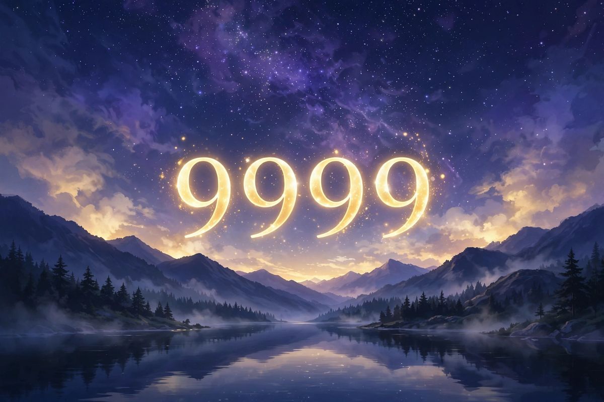 Angel number 9999 in golden light — 9999 is often read as a sign of a major ending that clears the way for a fresh start.