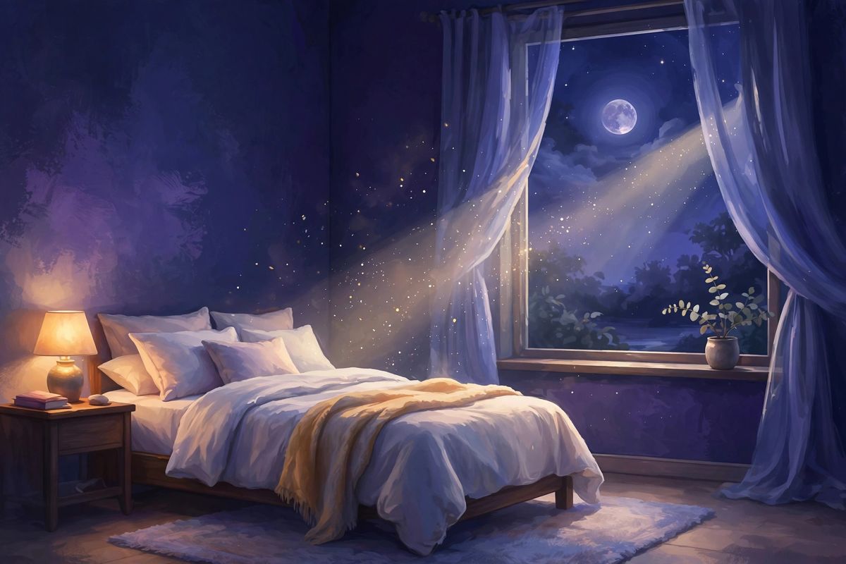 Moonlight across a quiet bed — bed bug dreams often point to small hidden drains on your peace.