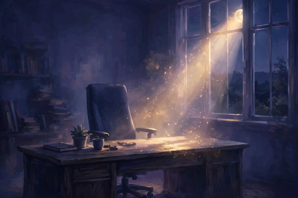 An empty chair in moonlight β boss dreams often carry work pressure and questions of control.