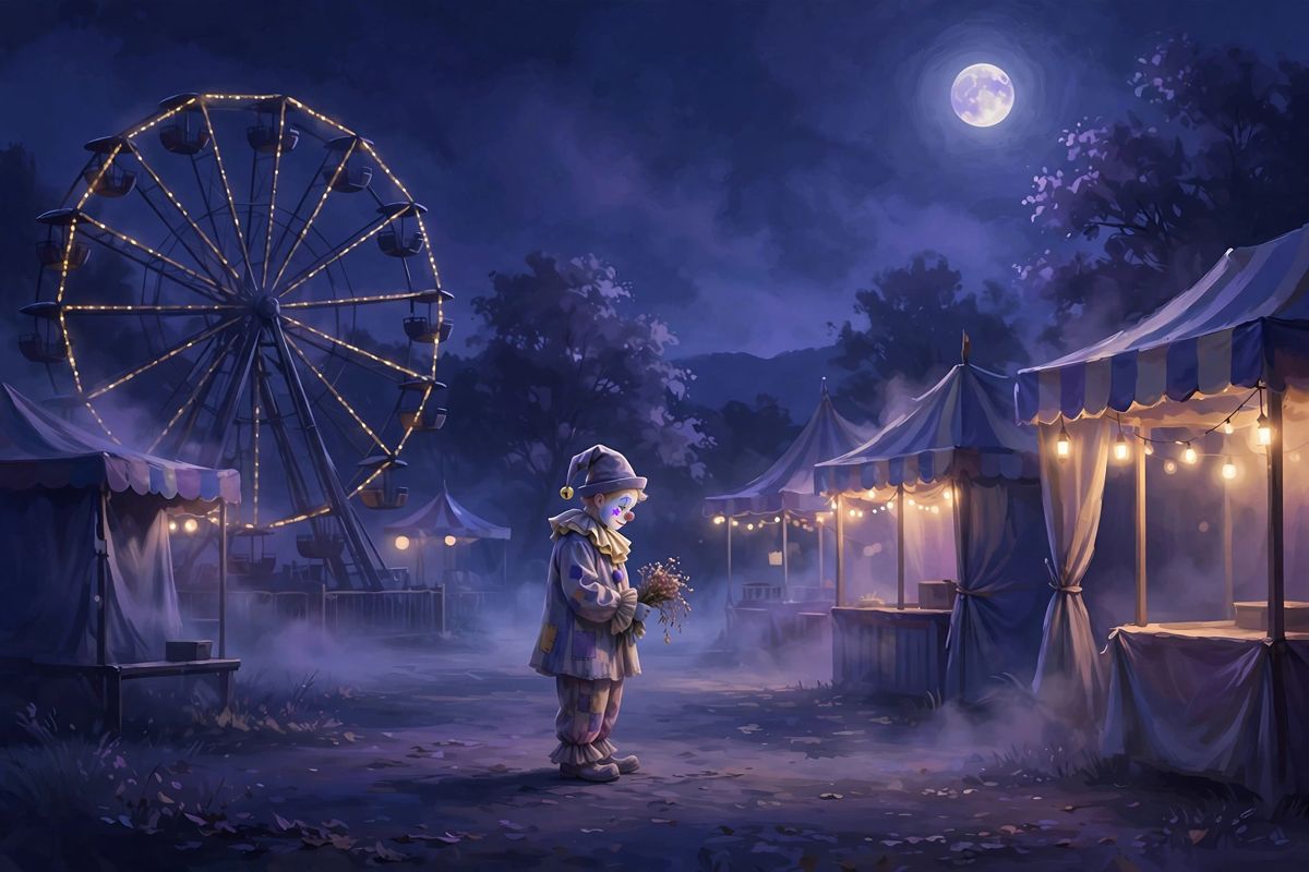 A lone clown in moonlight — clown dreams often mix hidden sadness with a smiling face.