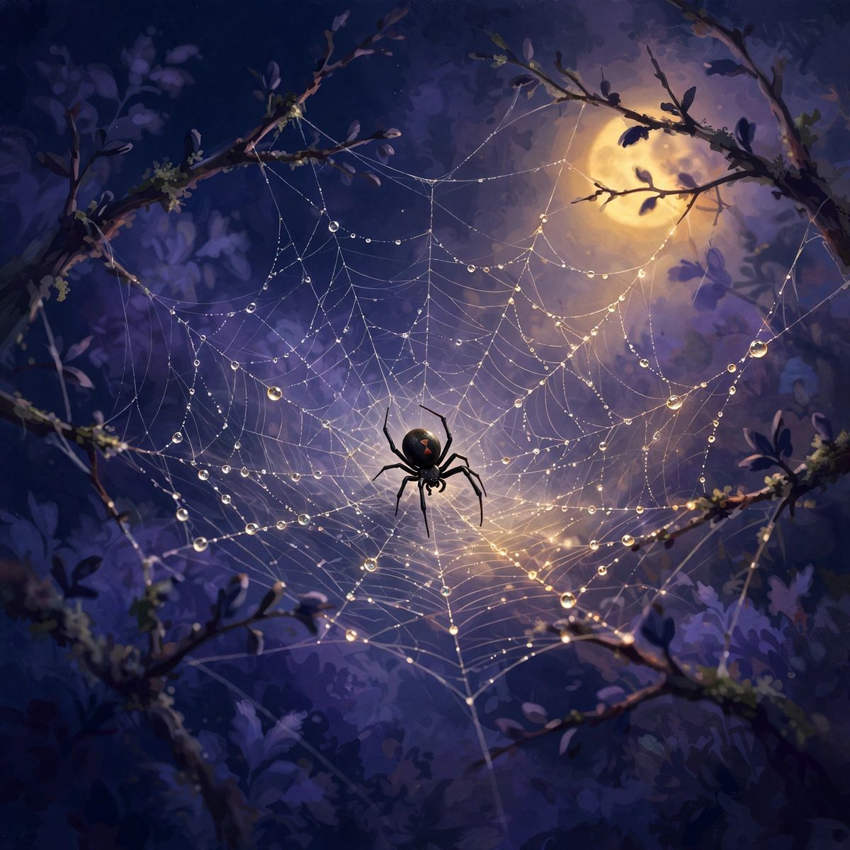 A black widow spider resting on a moonlit web, its small red mark showing — this dream often points to a hidden worry you already sense, and to your own patience and strength.