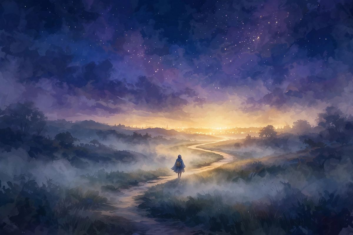A lone walker on a moonlit path under a violet night sky — walking dreams often reflect the pace and direction of your life right now.