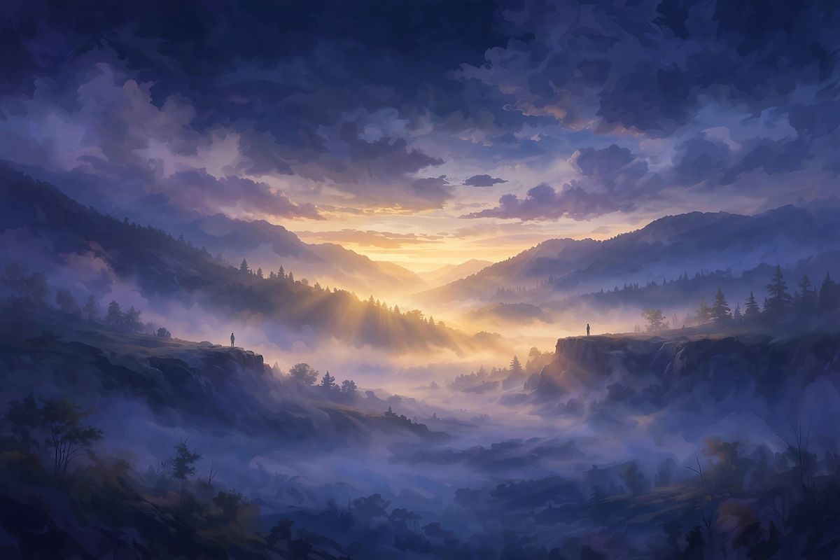 Dawn light between two figures — fighting dreams often mean a clash you carry inside.