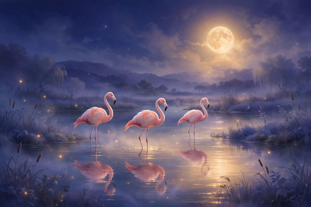 Flamingos in calm water — flamingo dreams often mean balance, beauty, and standing tall.