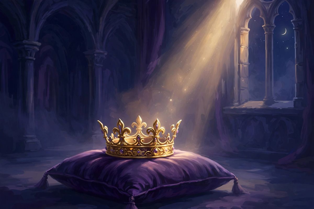 A crown in a shaft of light — king dreams often mean respect, control, and owning your worth.