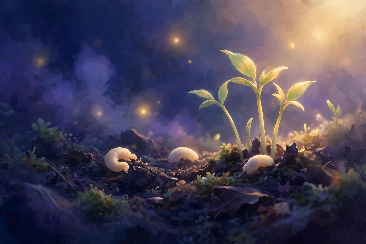 New green shoots in dark soil — maggot dreams often point to something old that needs clearing.