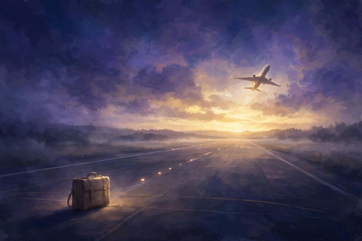 A plane leaving at dawn — missing a flight in a dream often means a feared missed chance.