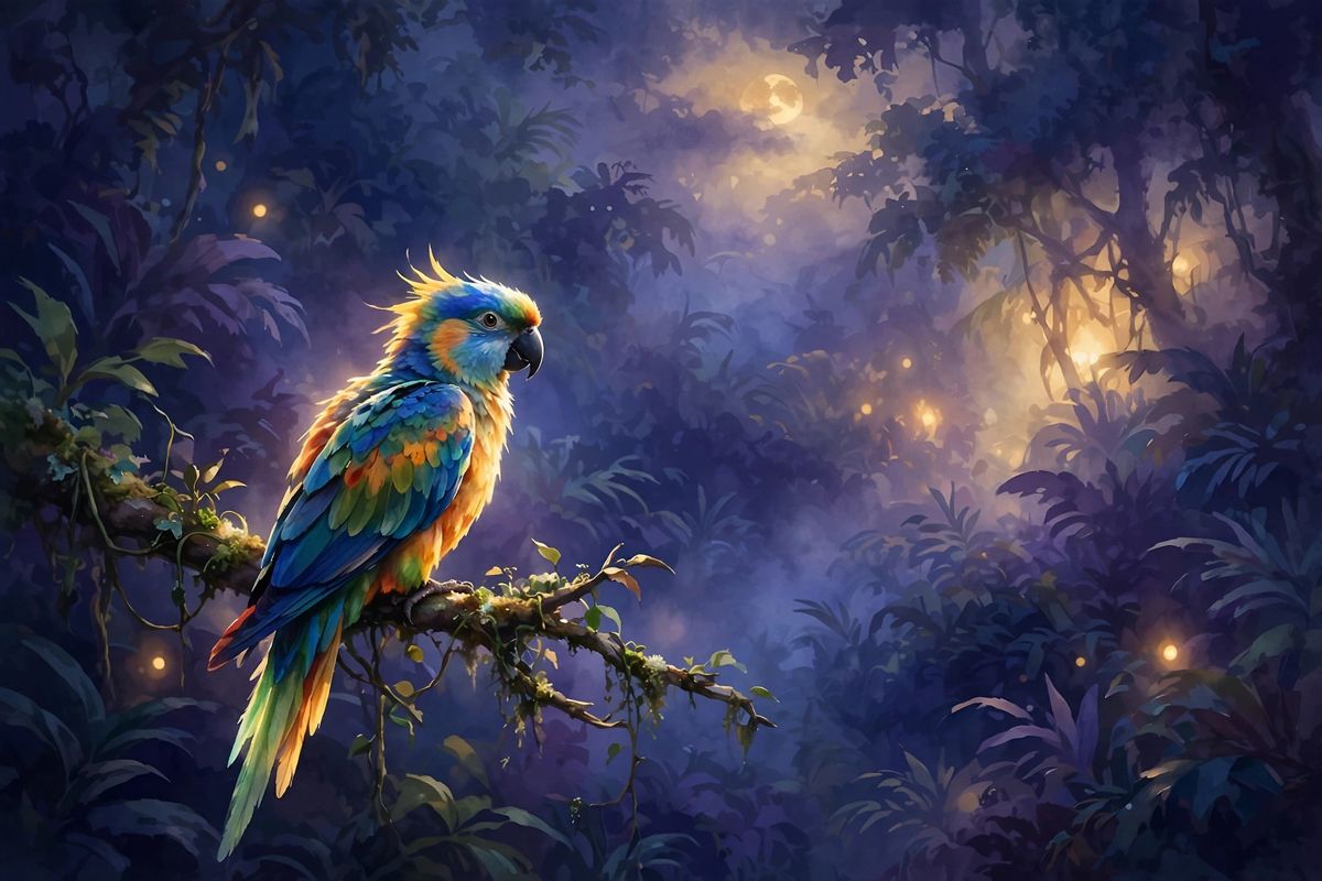 A parrot in golden light — parrot dreams often mean talk, gossip, and repeating what you hear.