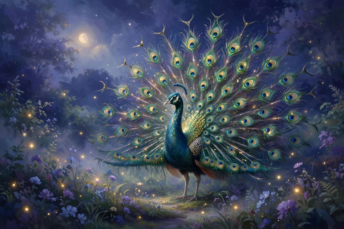 A peacock in full display — peacock dreams often mean pride, beauty, and wanting to be seen.