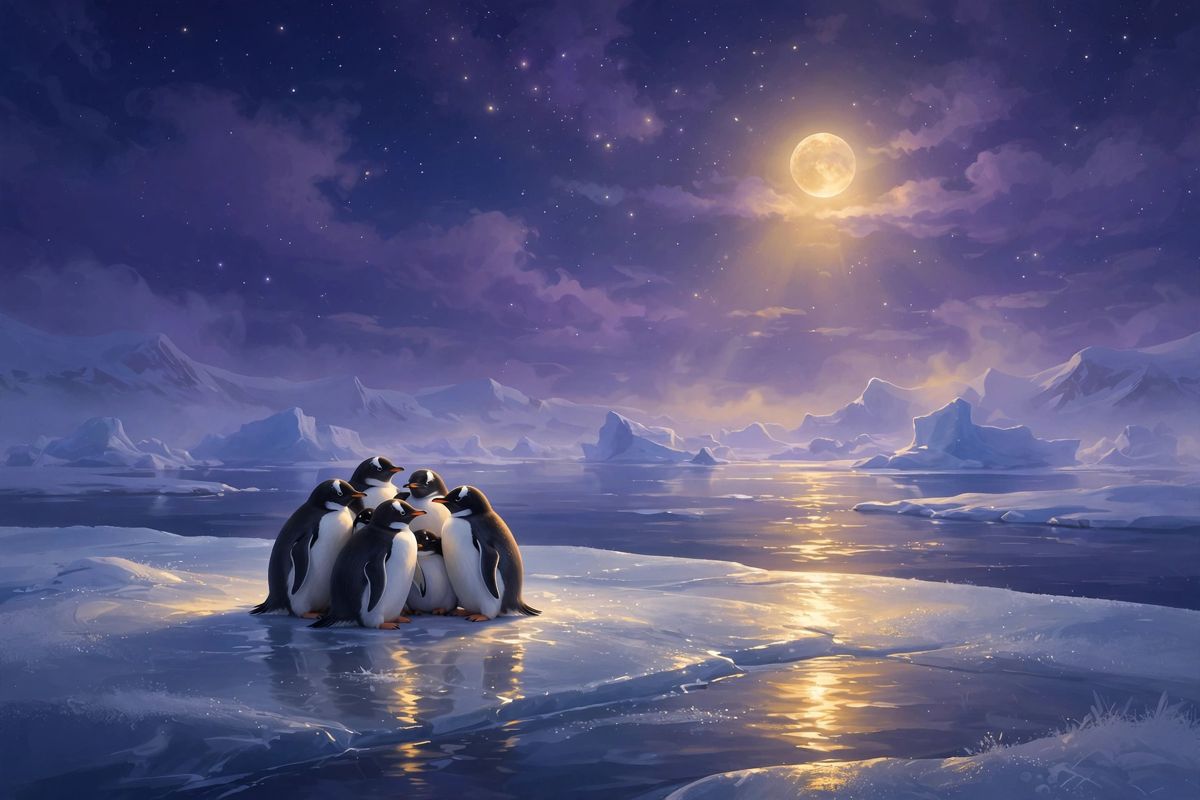Penguins on moonlit ice β penguin dreams often mean loyalty, family, and standing together.