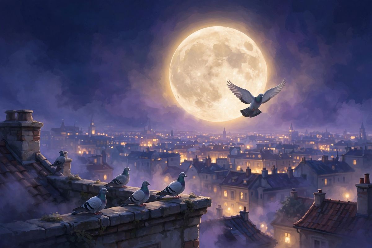 Pigeons over a sleeping city — pigeon dreams often mean messages, peace, and finding home.