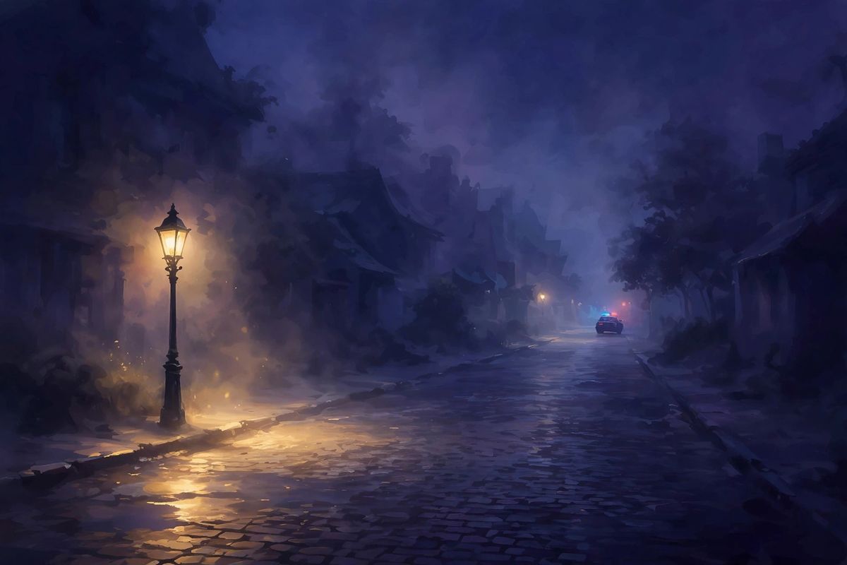 A quiet street at night — police dreams often mean rules, guilt, or a wish for order.
