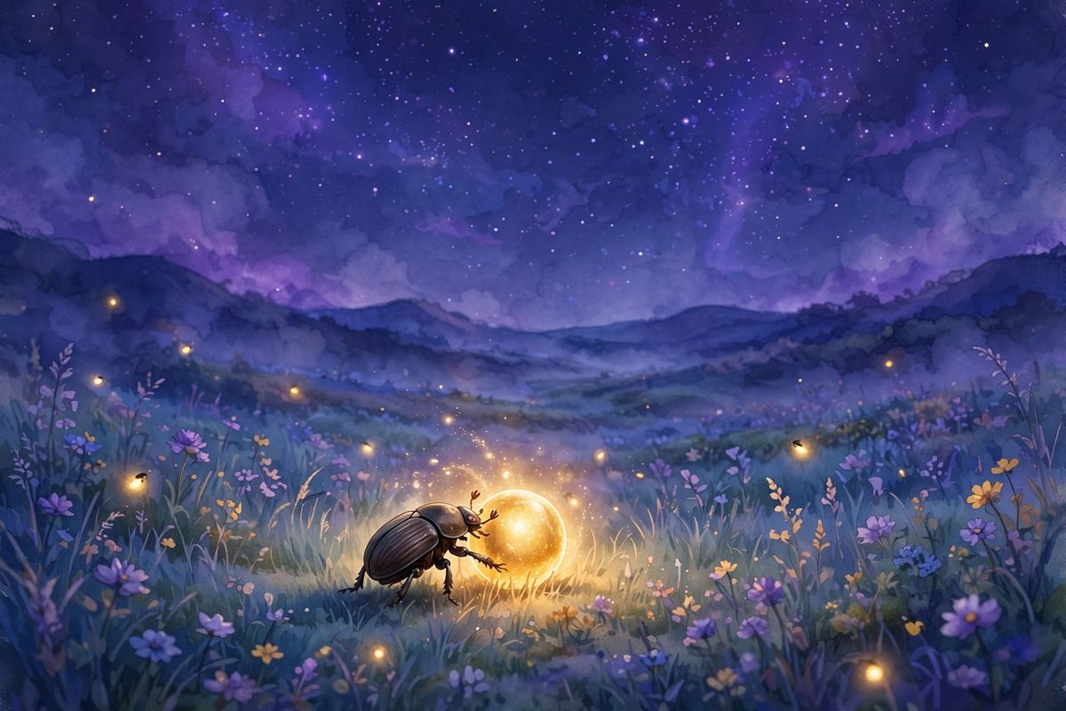 A beetle rolling a golden ball — dreams about poop often link, oddly, to money and luck.