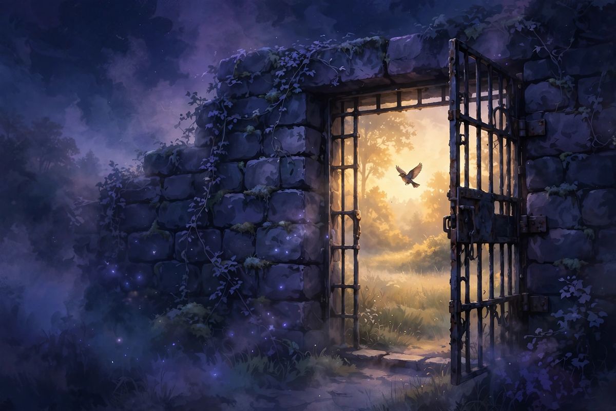 An open door and a small bird — prison dreams often mean feeling trapped and wanting freedom.