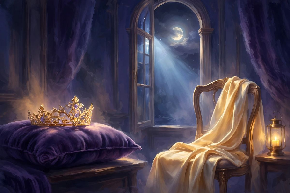 A golden diadem in moonlight — queen dreams often mean worth, grace, and quiet authority.