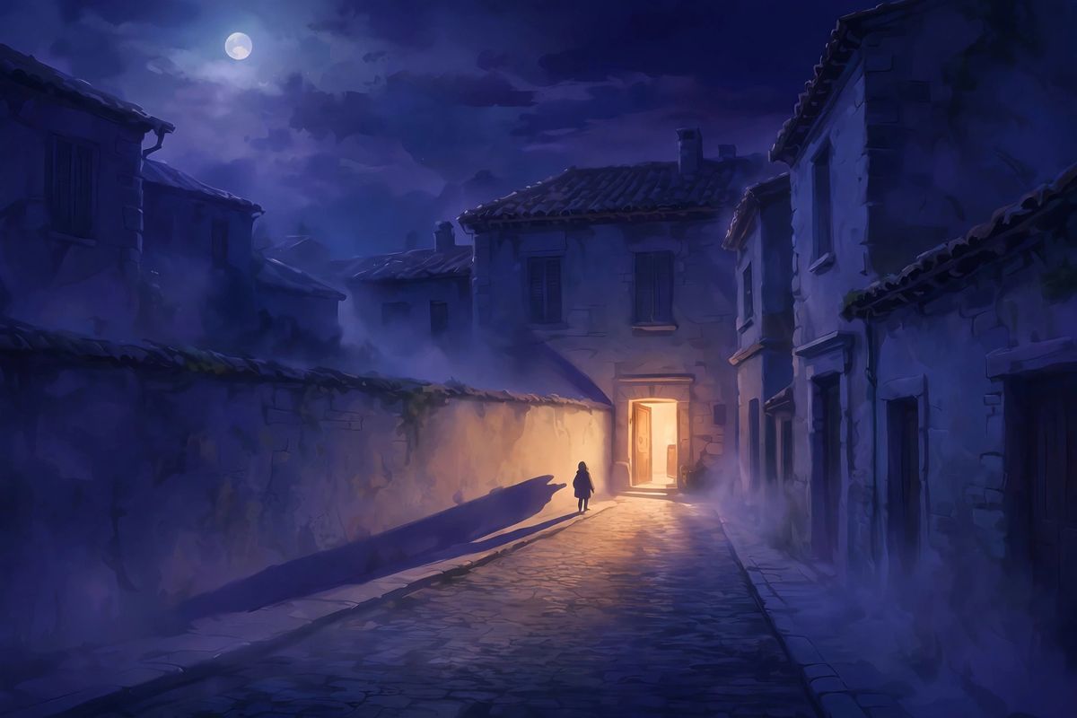 A lone figure walking toward light — such dreams often mean a worry that keeps following you.
