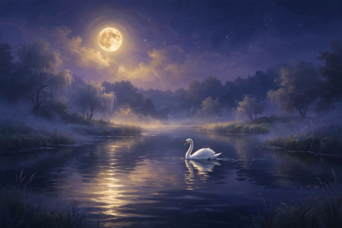 A swan on a moonlit lake — swan dreams often mean grace, love, and calm beauty.