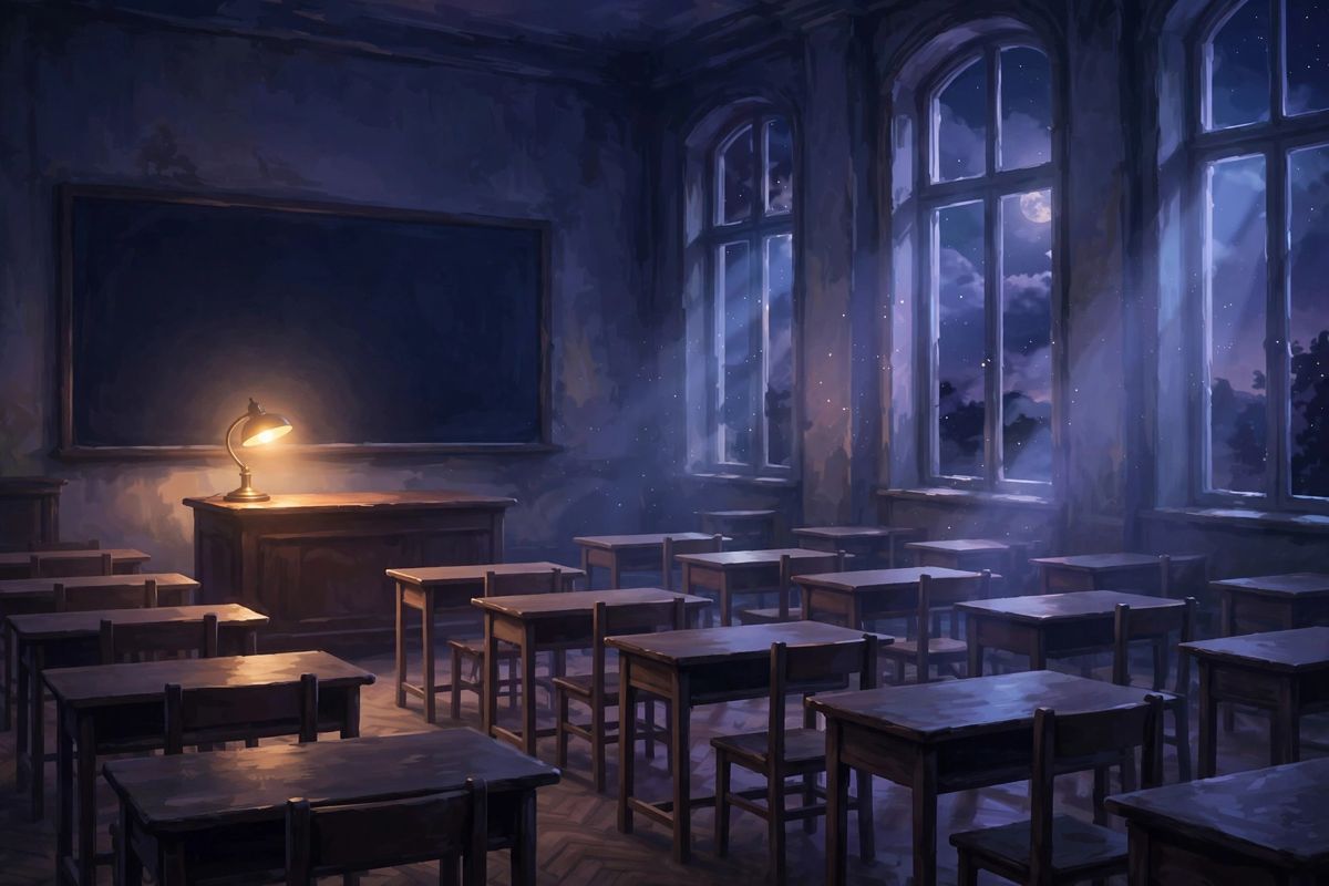 A warm lamp in an empty classroom — teacher dreams often mean a lesson life is teaching you.