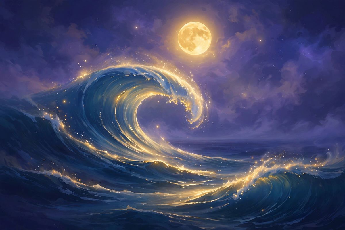 One huge wave under the moon — tsunami dreams often mean feelings too big to hold back.