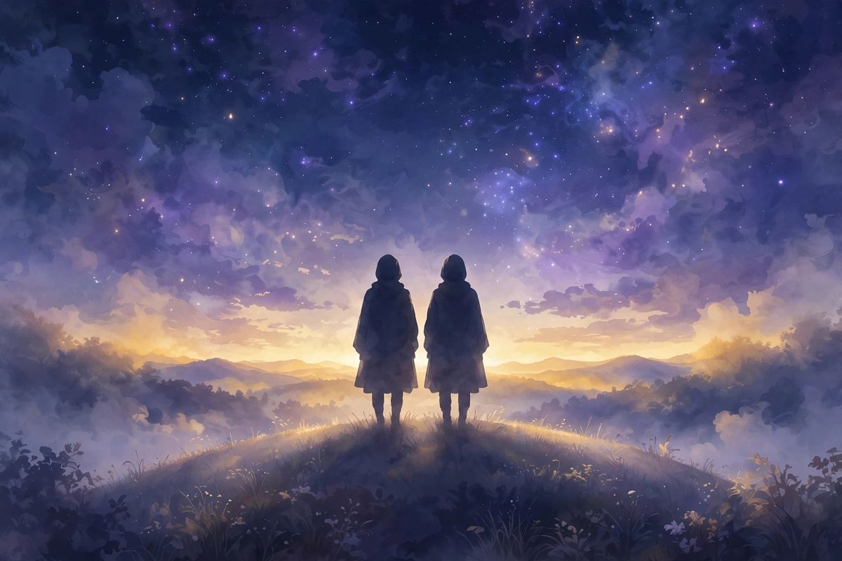 Two figures under the stars — twin dreams often mean balance, choices, and your other half.