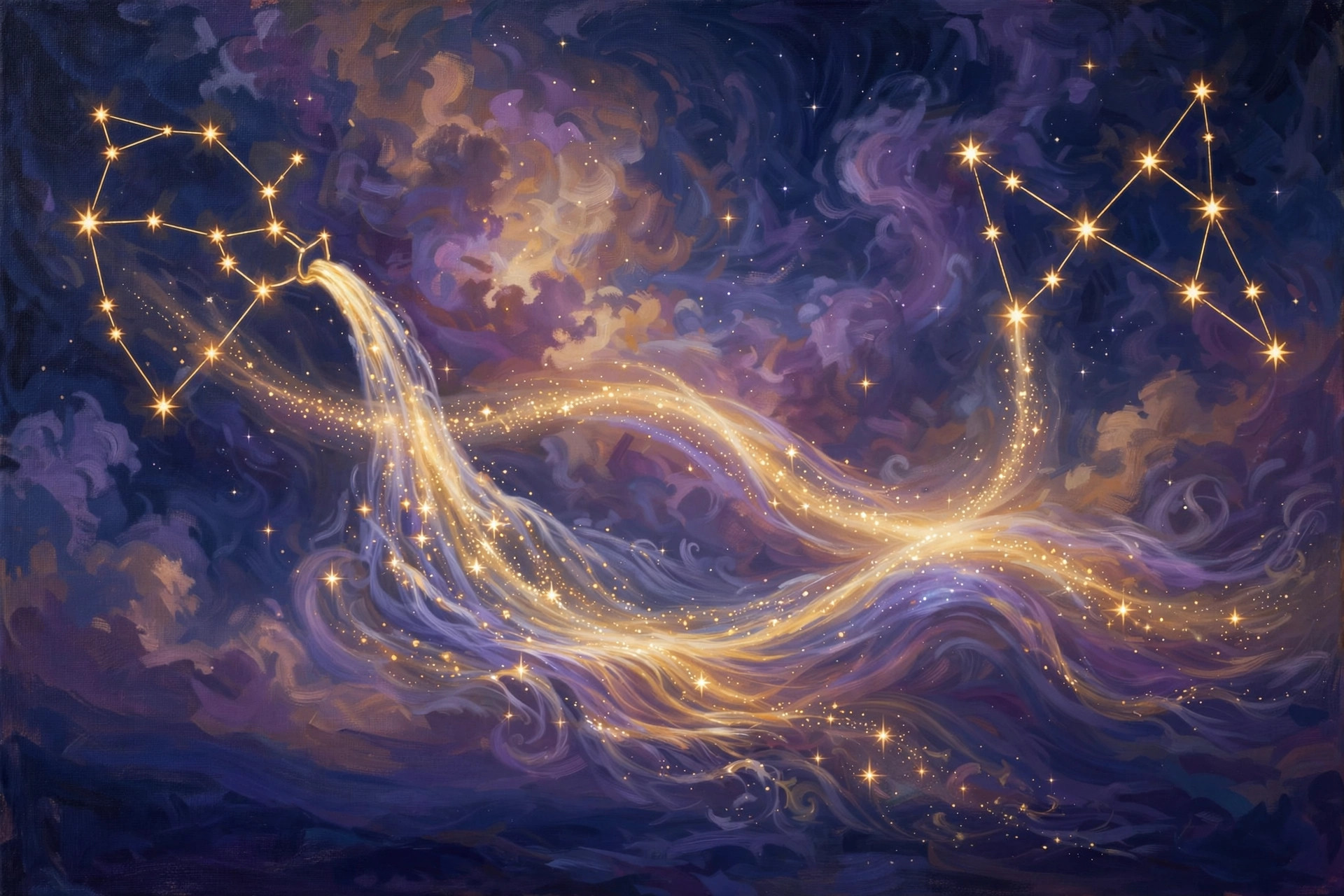 The Aquarius and Gemini constellations glowing in gold in a deep navy night sky, linked by a soft trail of light.