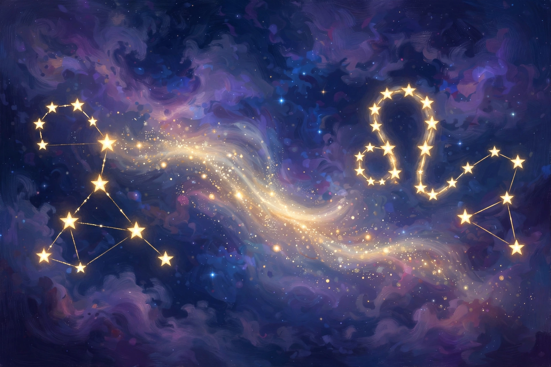 The Aries and Leo constellations glowing in gold in a deep navy night sky, linked by a soft trail of light.