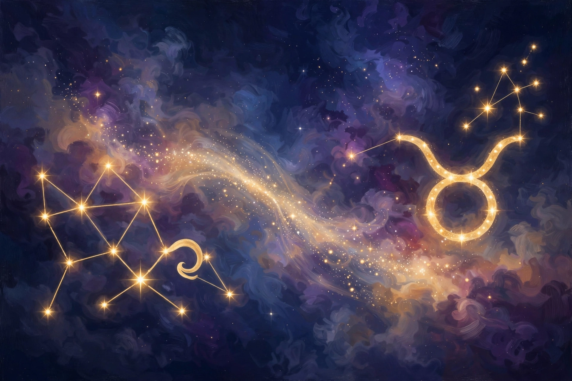 The Capricorn and Taurus constellations glowing gold in a deep navy night sky, linked by a soft trail of light.
