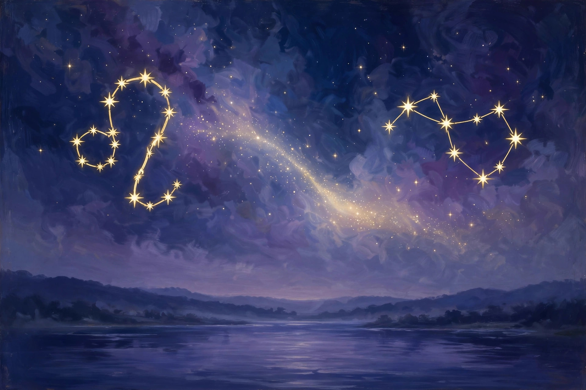 Two gold constellations linked by a soft trail of light in a deep navy night sky — zodiac compatibility and love matches.