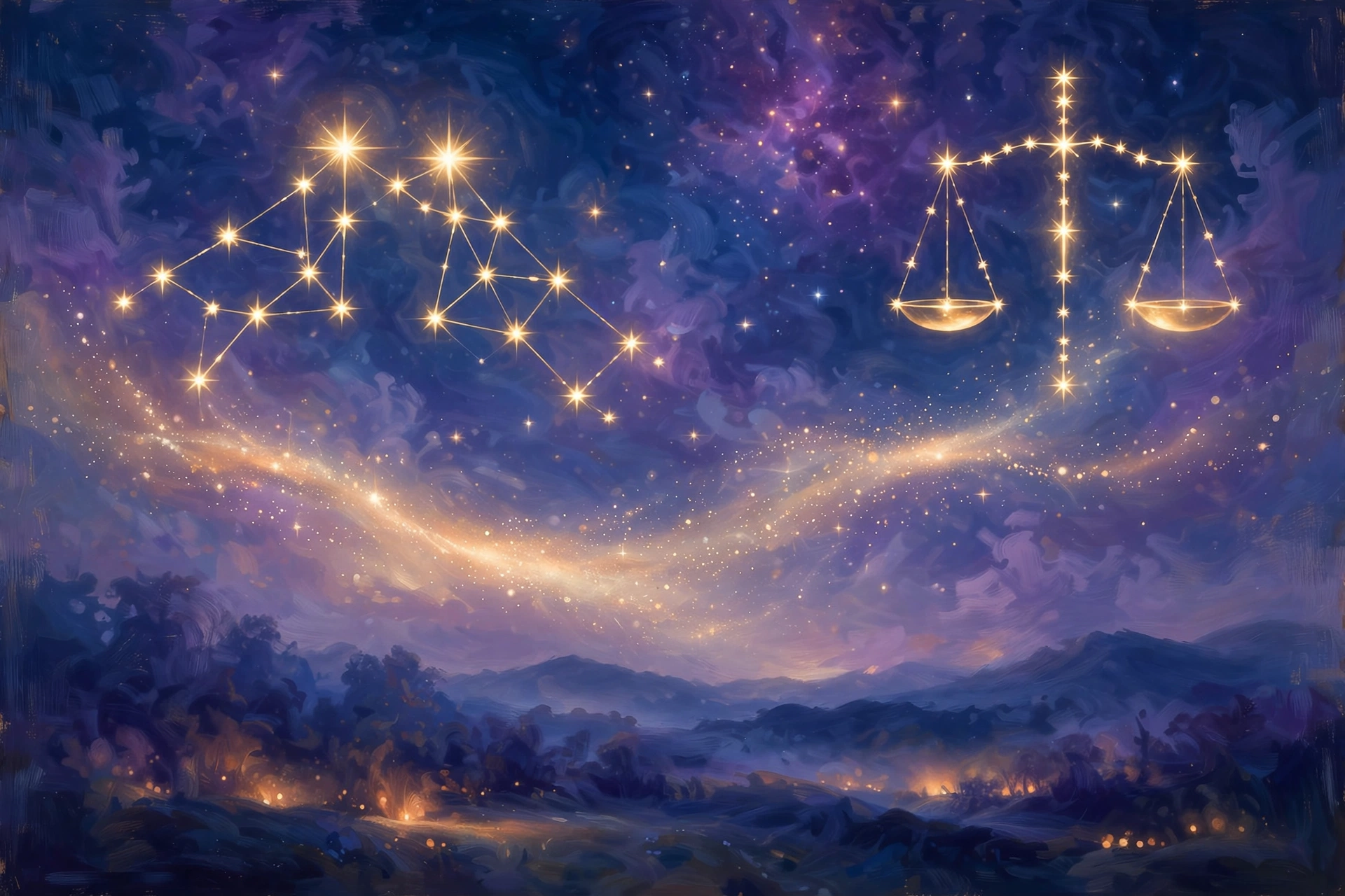 The Gemini and Libra constellations glowing in gold over a deep navy night sky, linked by a soft trail of light.
